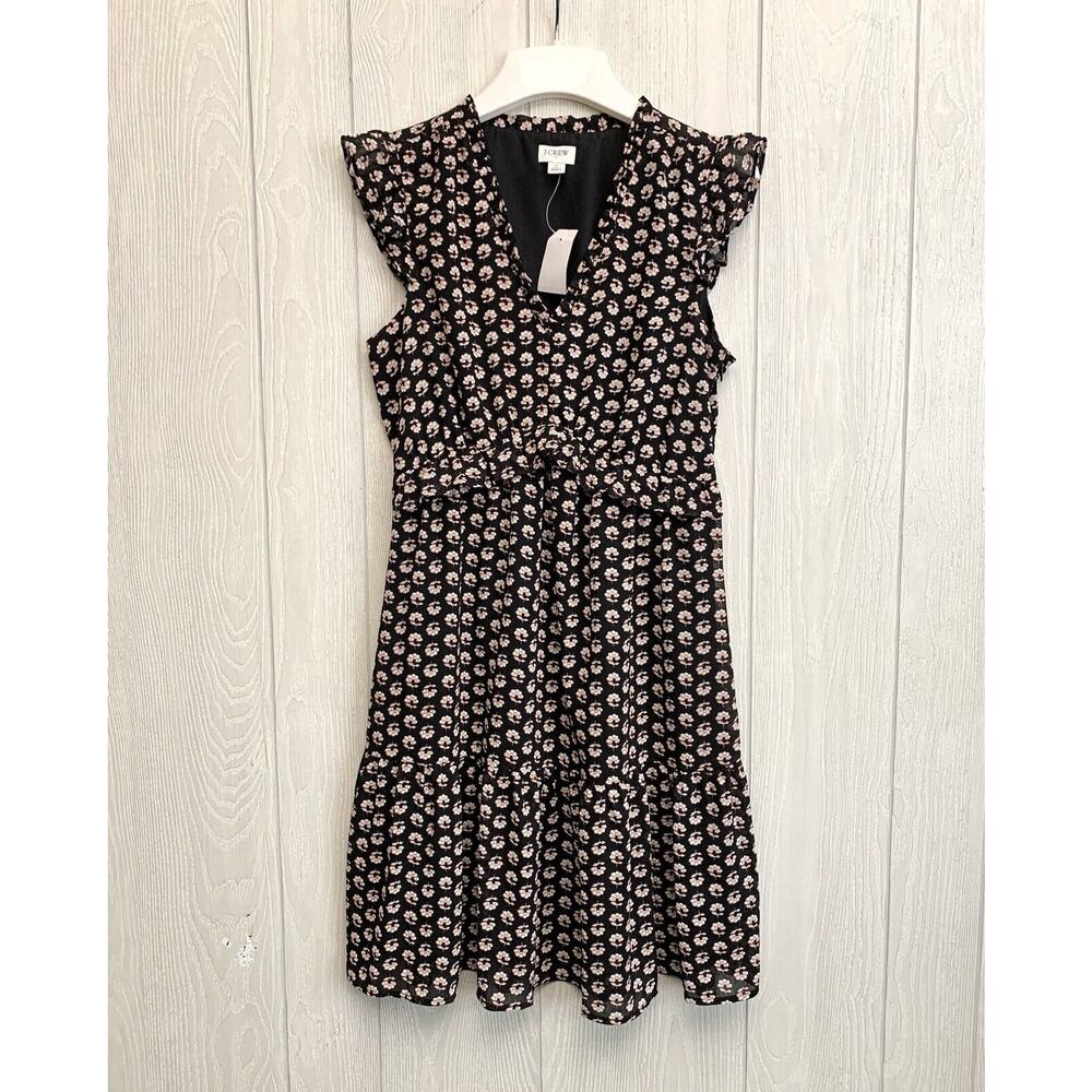J. Crew V-Neck Flutter Sleeve Black Floral V-Neck Dress Size 2 NWT